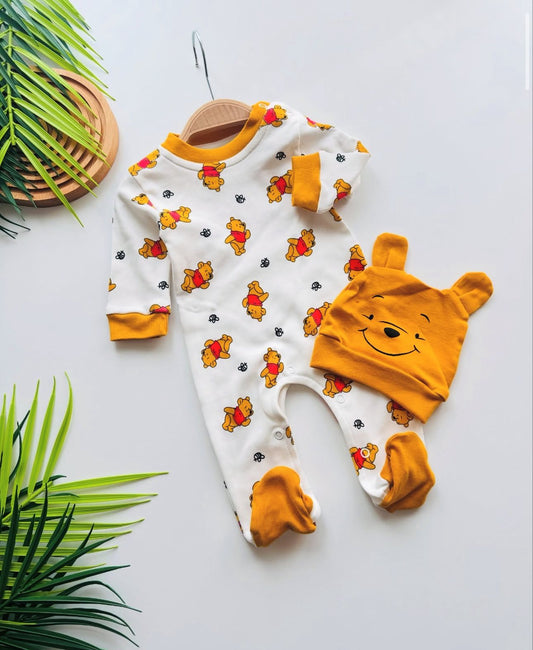 Baby Bear Romper with Hat - Yellow Character Print Set