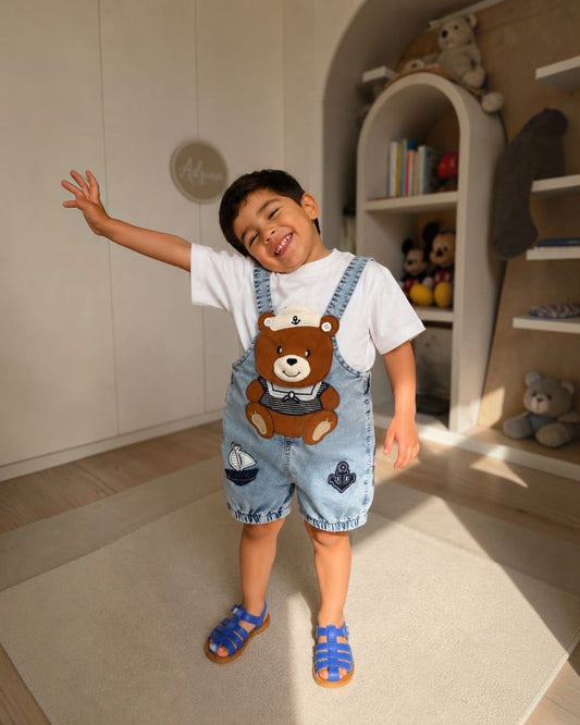Boys Nautical Bear Denim Dungaree & T-Shirt Set – Sailor Summer Outfit