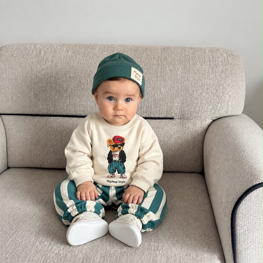 Baby wearing a cream bear sweatshirt, mint striped joggers and mint beanie