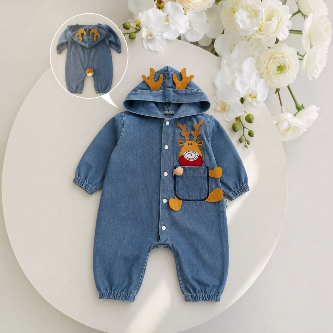 Baby Reindeer Denim Hooded Romper - flat lay