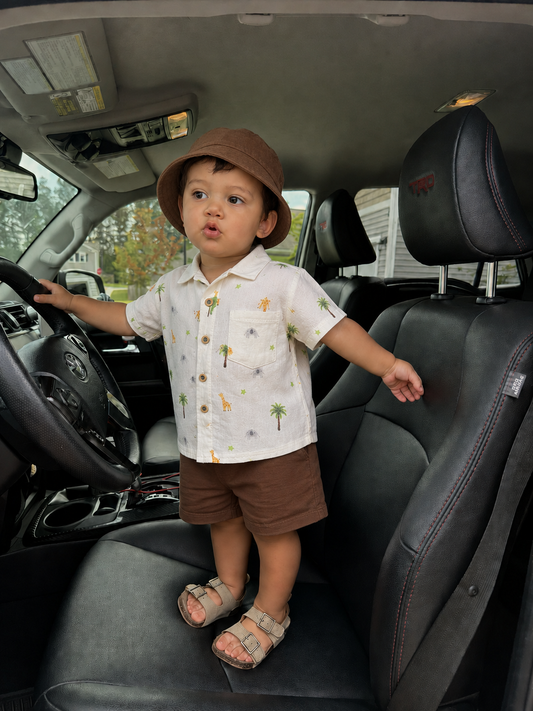 Baby Safari Giraffe Linen Shirt & Shorts Set with Bucket Hat
