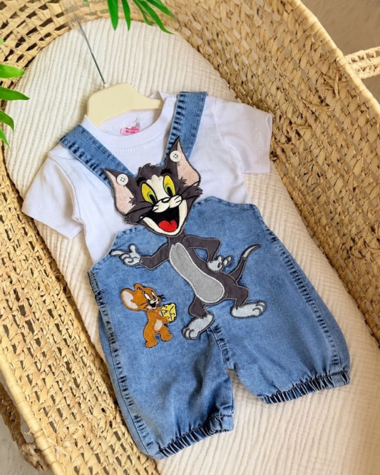 Cat and Mouse Cartoon Baby Denim Dungaree Set | White Tee and Blue Denim Shorts