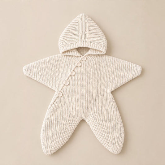 Cream star-shaped knitted baby romper with pointed hood and diagonal buttons
