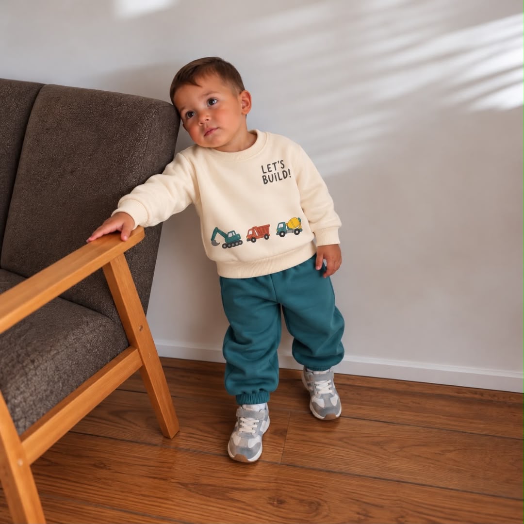 Toddler wearing cream construction vehicle sweatshirt and teal joggers