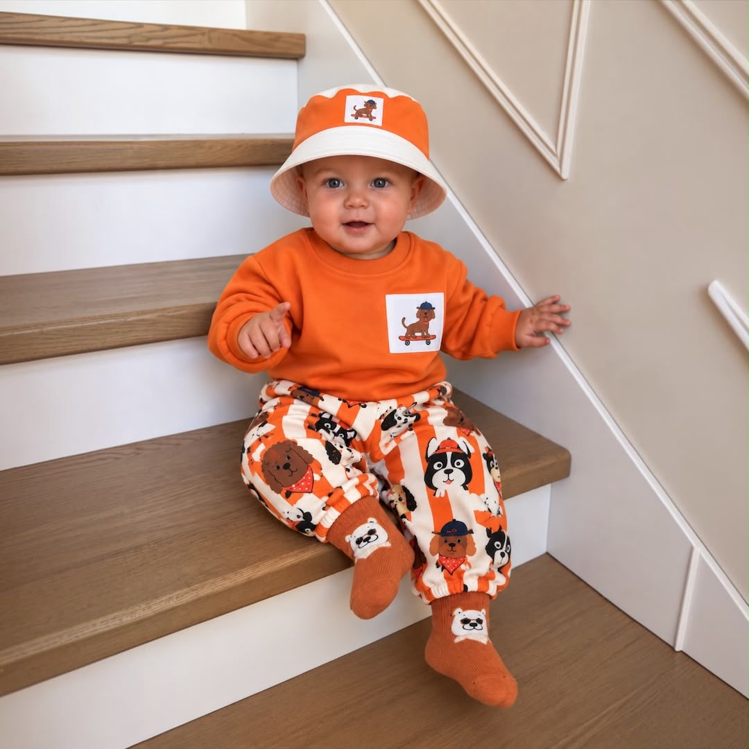 Baby wearing orange dog print sweatshirt and jogger set with hat on stairs