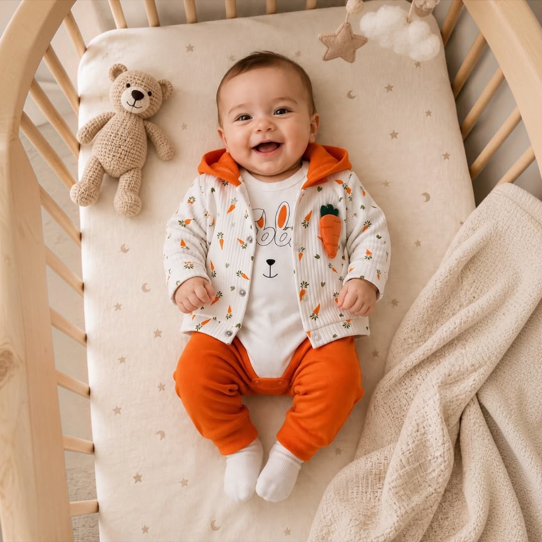 Baby smiling wearing Bunny Carrot Print 3-Piece Set lying in crib