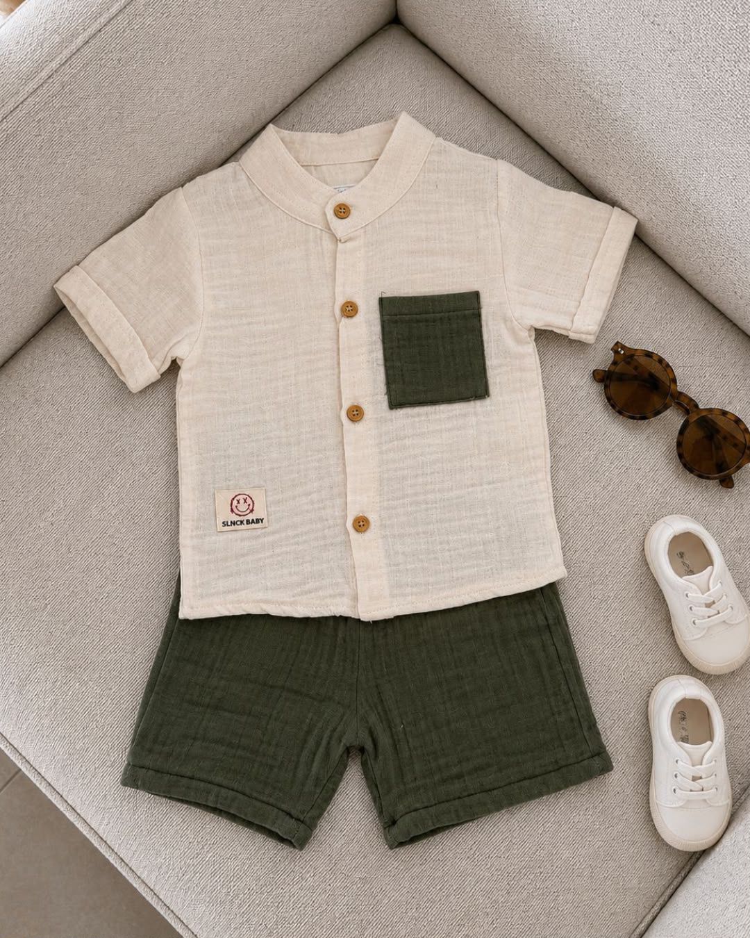 Baby Boys Muslin Button Shirt & Shorts Set – Cream & Olive Green