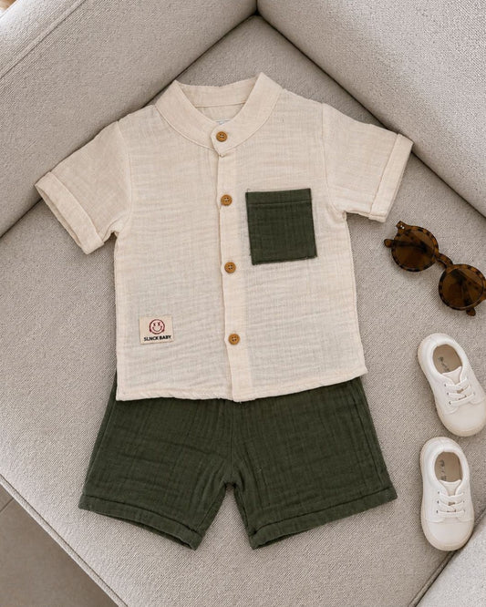 Baby Boys Muslin Button Shirt & Shorts Set – Cream & Olive Green