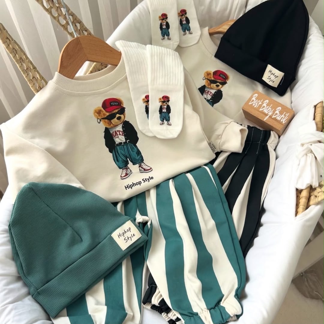 Cream hip-hop bear sweatshirt with striped baby joggers and matching beanies