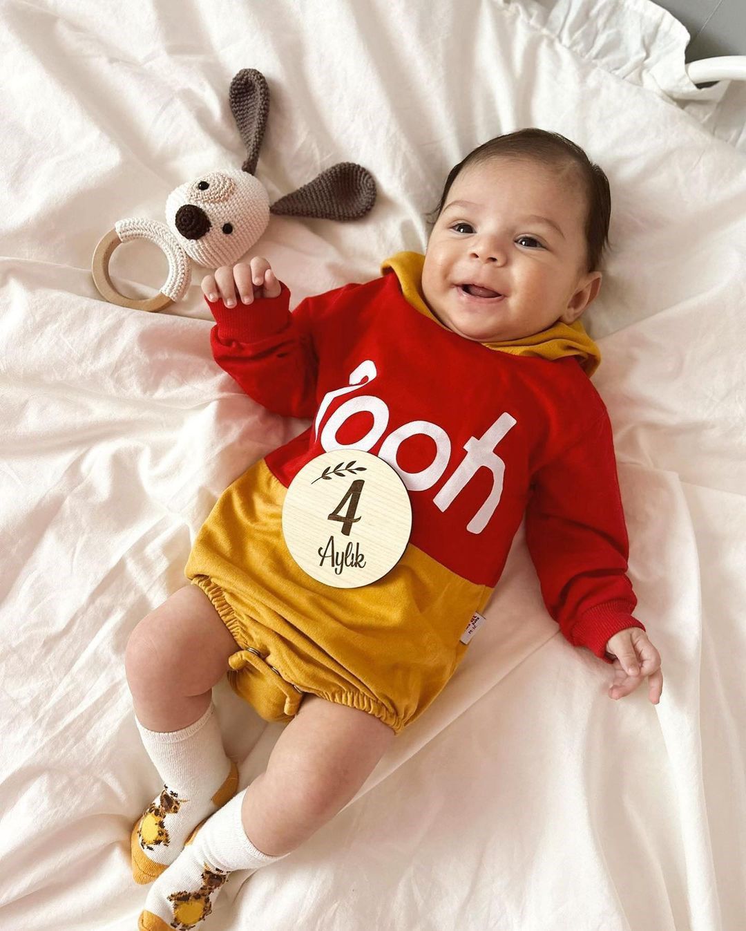 Baby Bear Hooded Romper - Red & Yellow