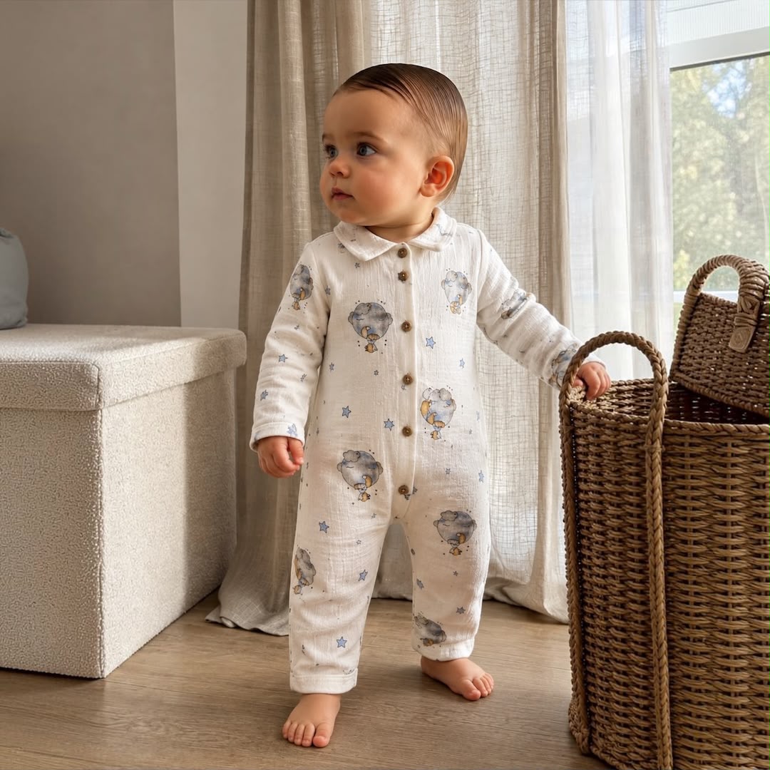 Baby boy wearing Star Balloon Muslin Romper standing by wicker basket