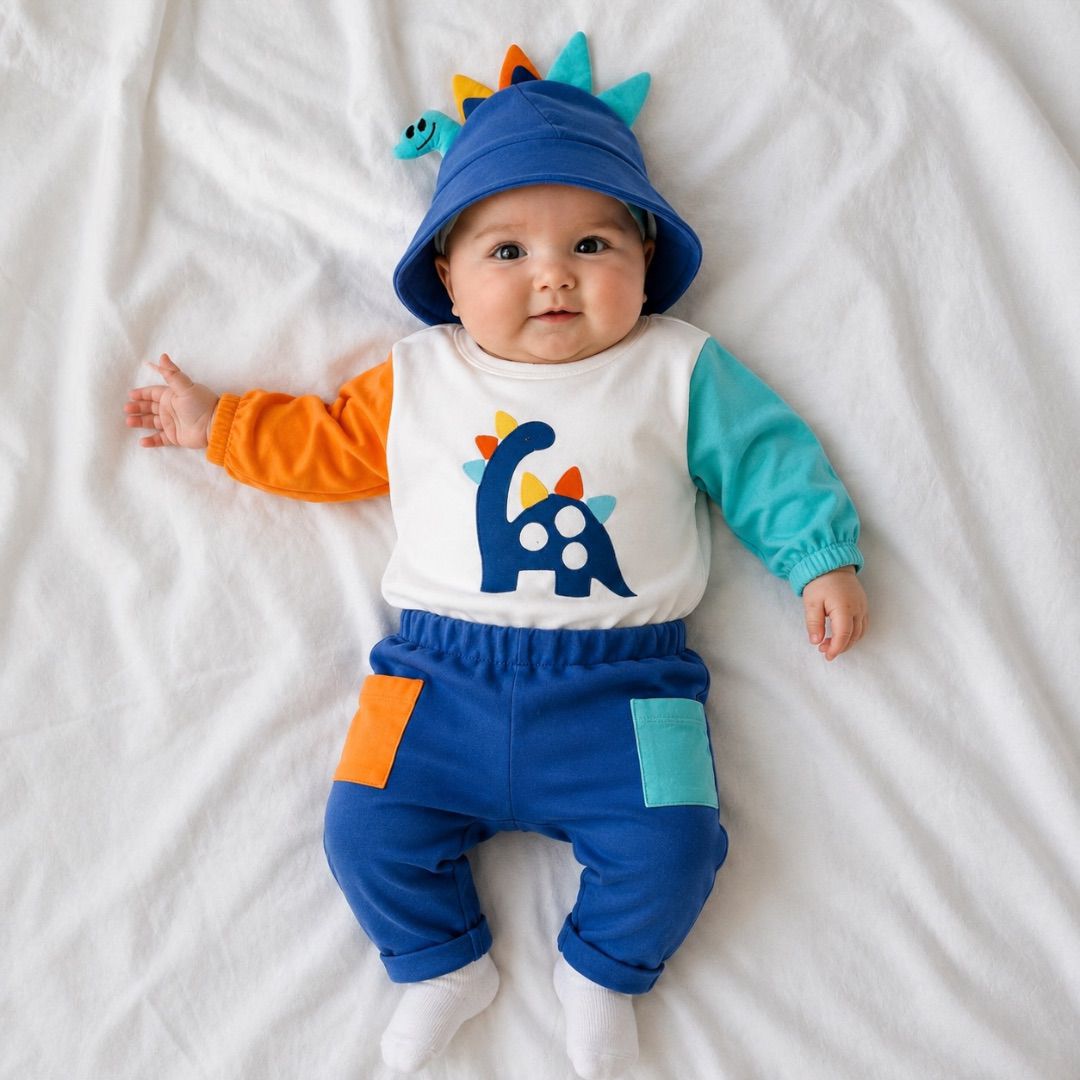 Baby wearing Little Roar Dinosaur Set in Blue with dino bucket hat