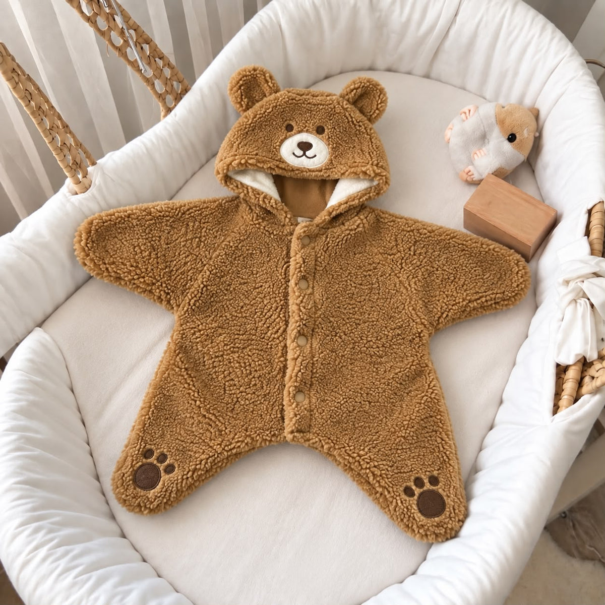Brown textured teddy bear hooded baby romper with ears and paw-detail feet