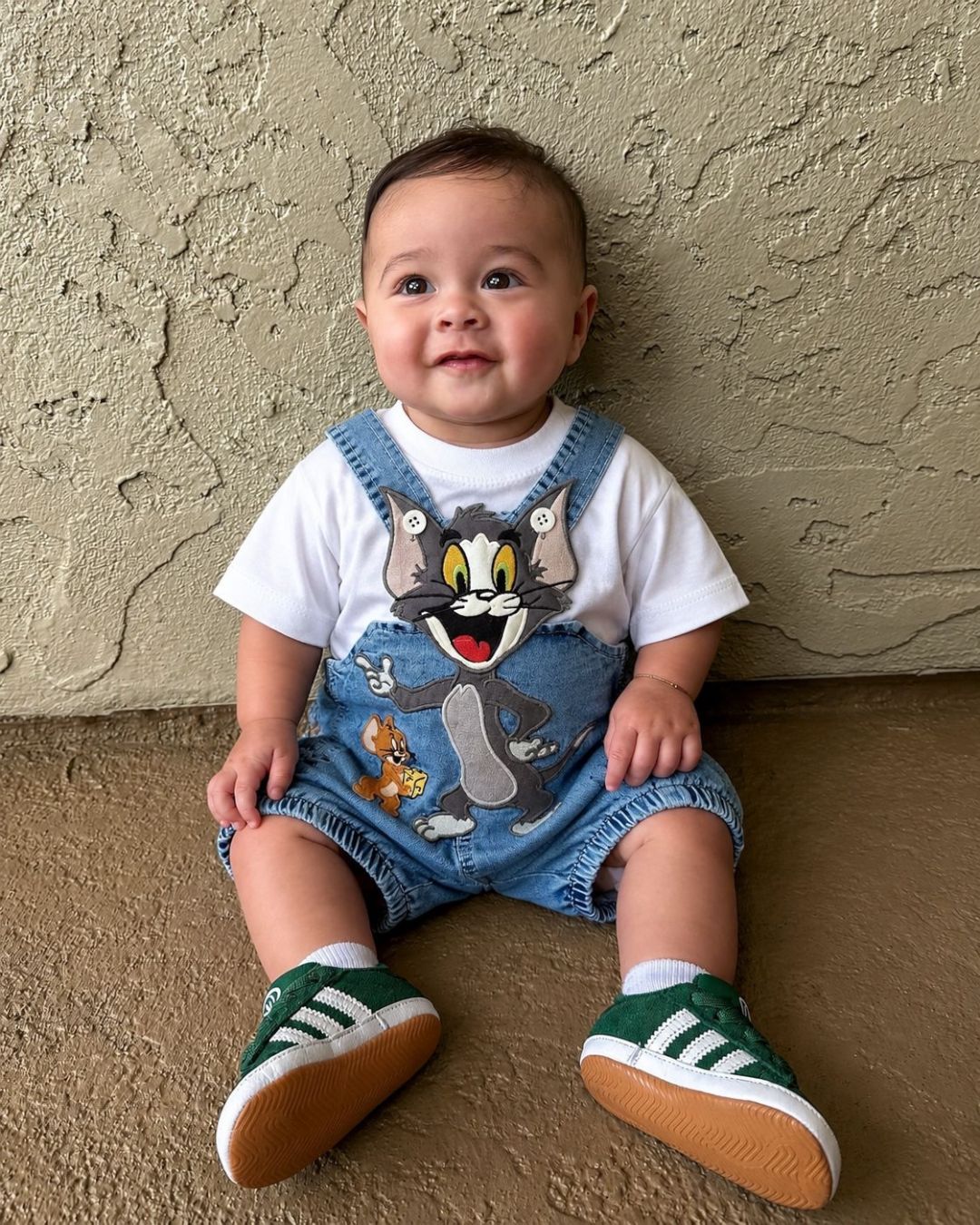 Cat and Mouse Cartoon Baby Denim Dungaree Set | White Tee and Blue Denim Shorts