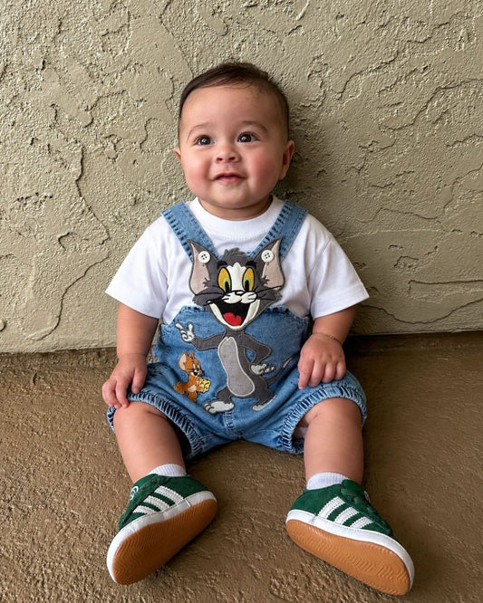 Cat and Mouse Cartoon Baby Denim Dungaree Set | White Tee and Blue Denim Shorts