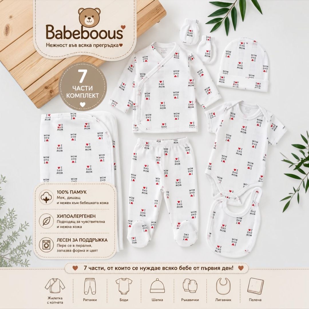Babeboous 7-piece newborn gift set with I Love Mom & Dad print – includes bodysuit, pants, cardigan, hat, mittens, bib and blanket