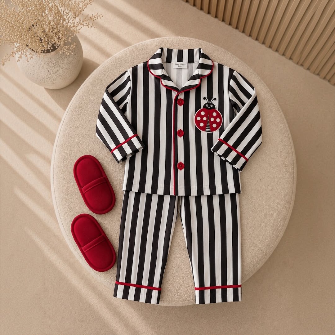 Kids Striped Pyjama Set Ladybug design flat lay with red slippers