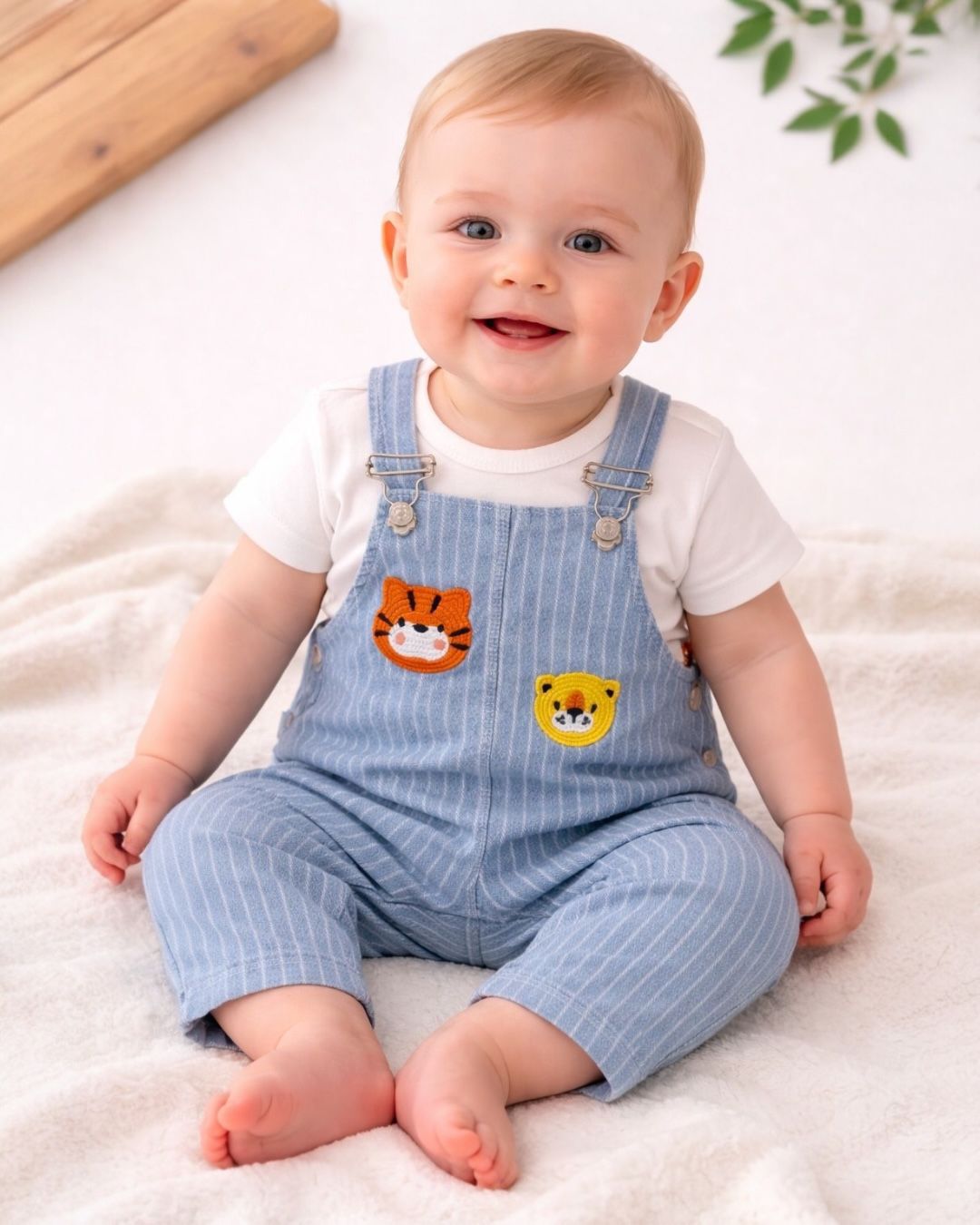 Tiger and Lion Applique Baby Striped Dungaree Set | White Bodysuit and Blue Dungarees