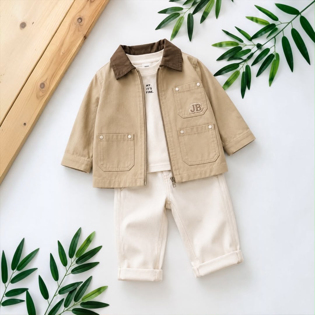 Kids 3-Piece Khaki Zip Jacket Graphic Tee & Cream Pants Set flat lay with botanicals