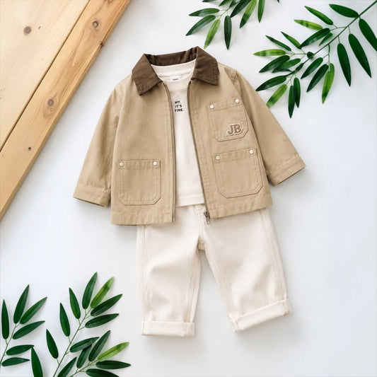 Kids 3-Piece Khaki Zip Jacket Graphic Tee & Cream Pants Set flat lay with botanicals