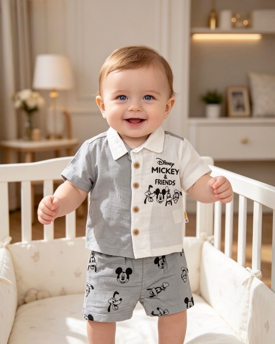 Baby Boy Cartoon Friends Shirt & Shorts Set – Two-Tone Button-Up Summer Outfit