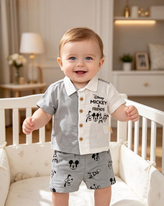 Baby Boy Cartoon Friends Shirt & Shorts Set – Two-Tone Button-Up Summer Outfit