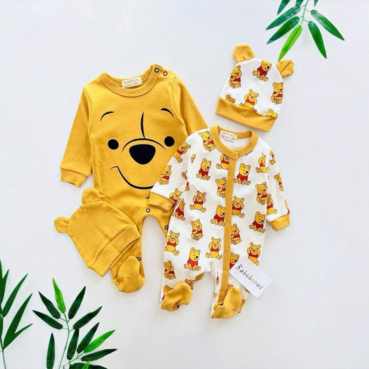 Baby Cartoon Bear Print Footed Romper & Ear Hat Set in White and Mustard flat lay