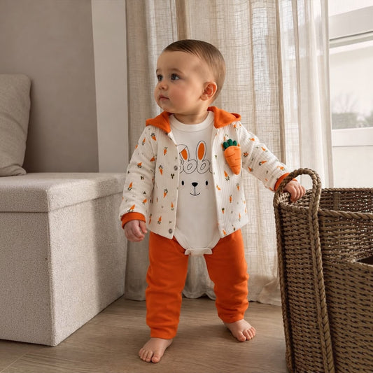 Baby boy wearing Bunny Carrot Print 3-Piece Set standing by basket