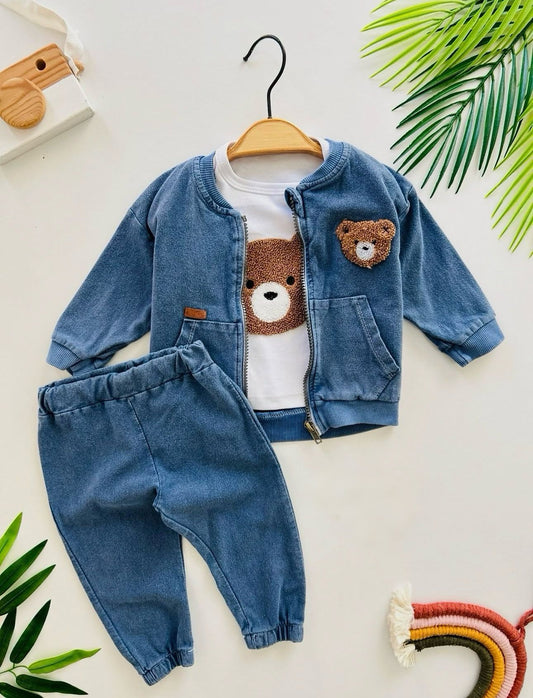 Bear Pattern Baby Set - Premium Blue Denim Outfit