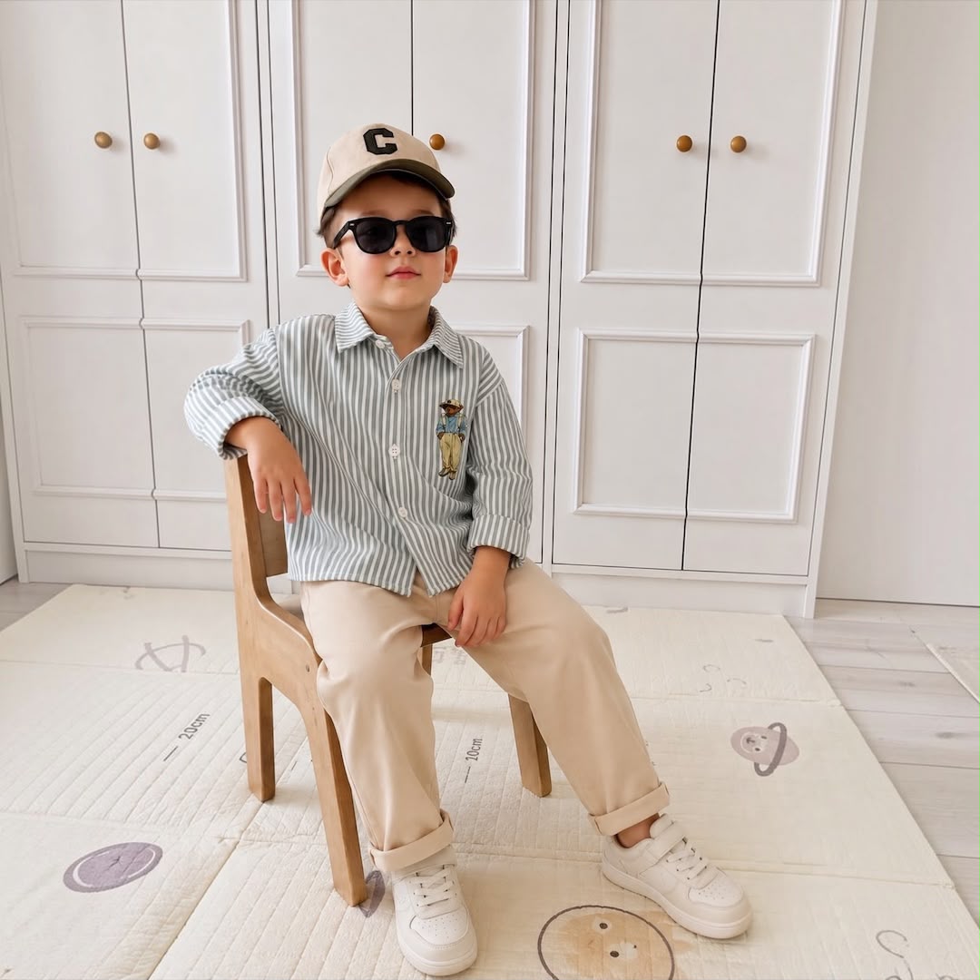 Boy wearing Bear Stripe Green Set sitting with sunglasses