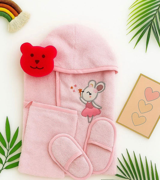 Kids Bath Set - 4 Piece Plush Towel & Slippers with Mouse Ballerina