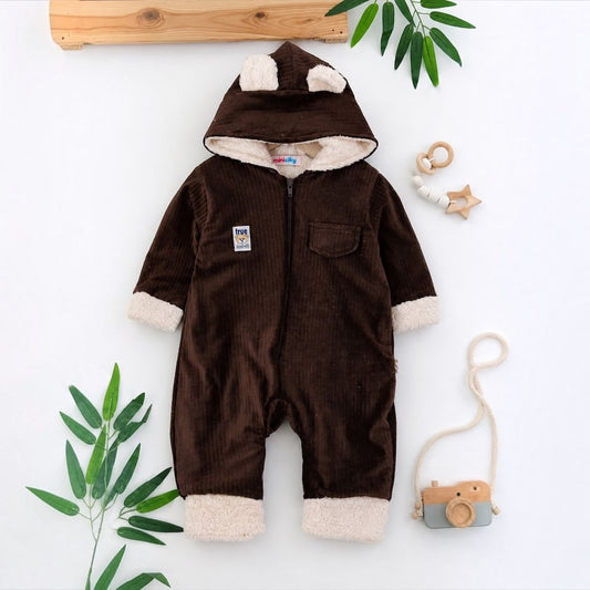 Bear ears hooded baby romper in dark chocolate - flat lay