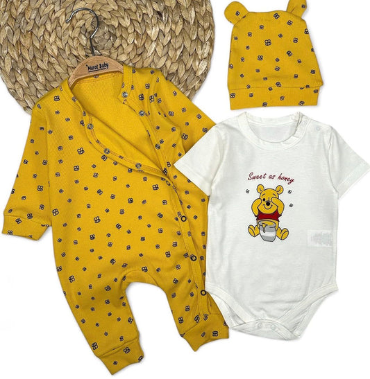 Baby Honey Bear Set - 3 Piece Yellow Ribbed Outfit with Bodysuit