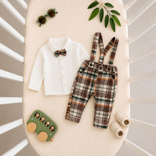 Plaid suspender baby boy set flat lay on crib with accessories