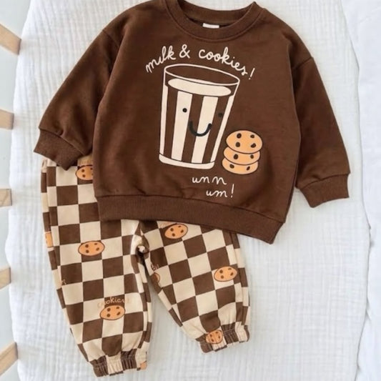 Brown Milk and Cookies baby sweatshirt with matching brown and cream checkered joggers