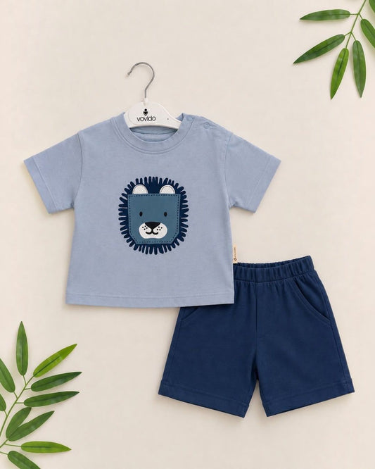 Baby Boys Lion Appliqué T-Shirt & Shorts Set – Light Blue & Navy