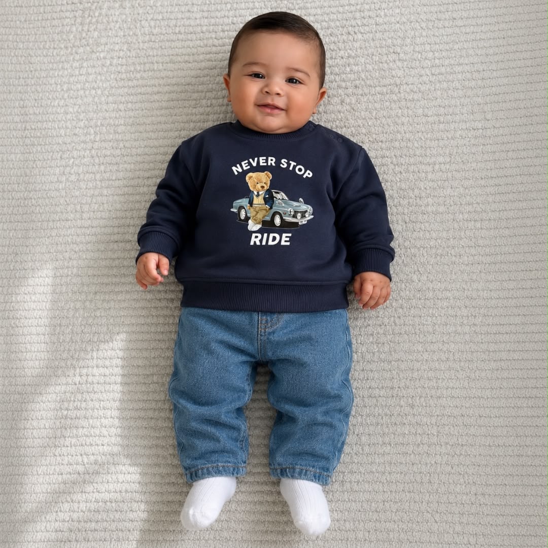 Baby Bear Never Stop Ride Navy Sweatshirt & Denim Set - worn by baby
