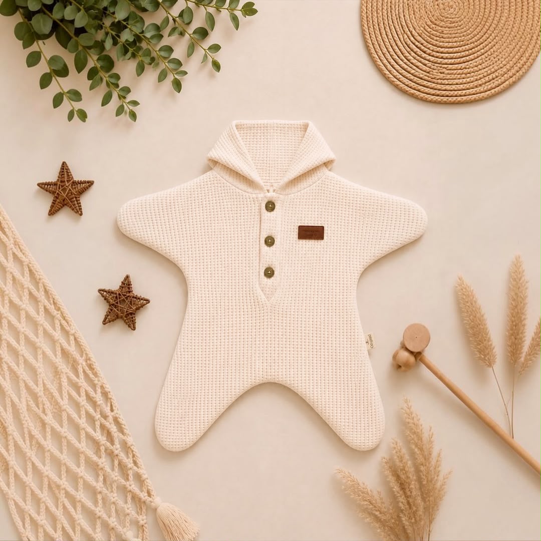 Cream Star Waffle Hooded Romper flat lay with botanicals