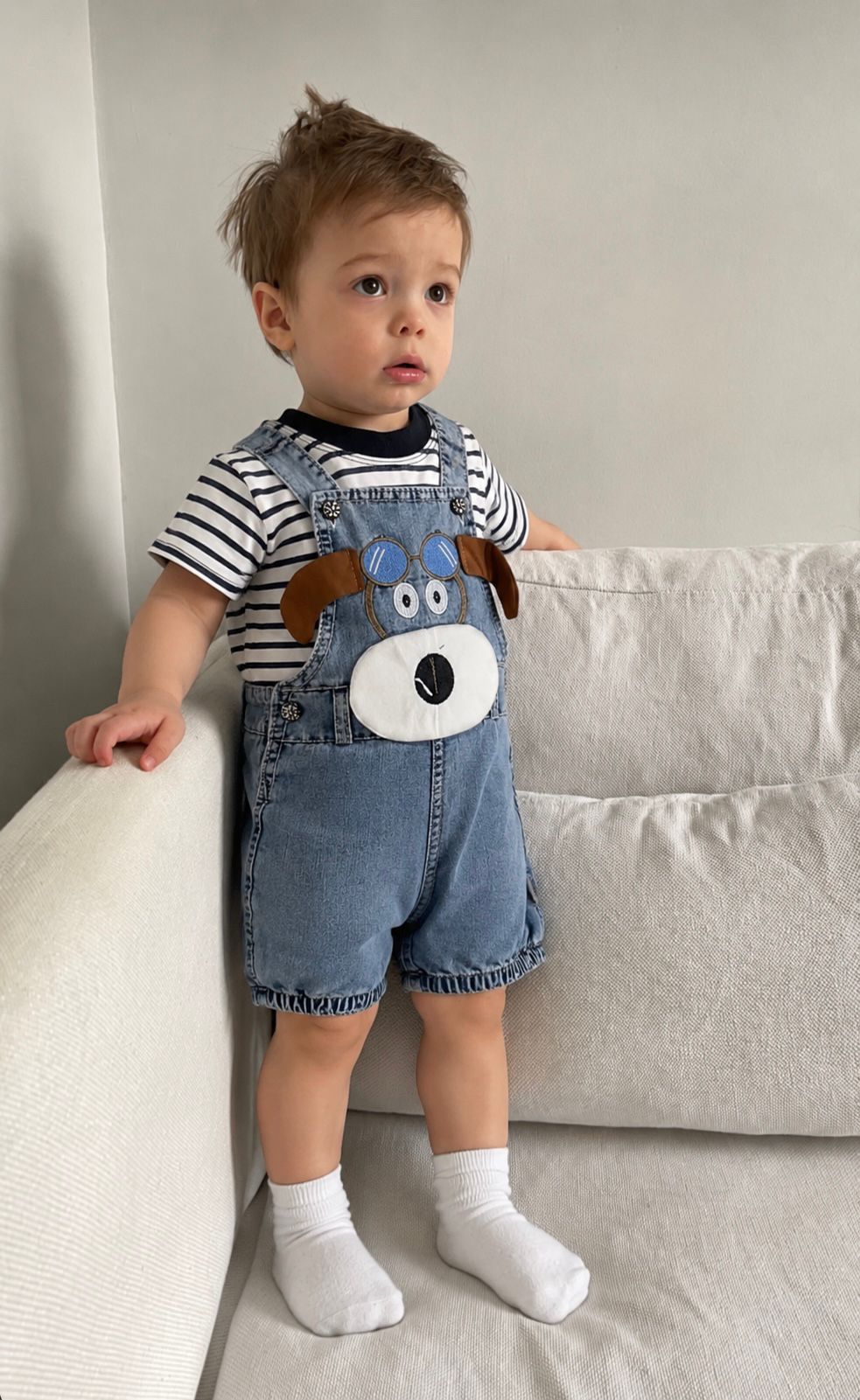 Baby Puppy Denim Dungaree & Striped Tee Set