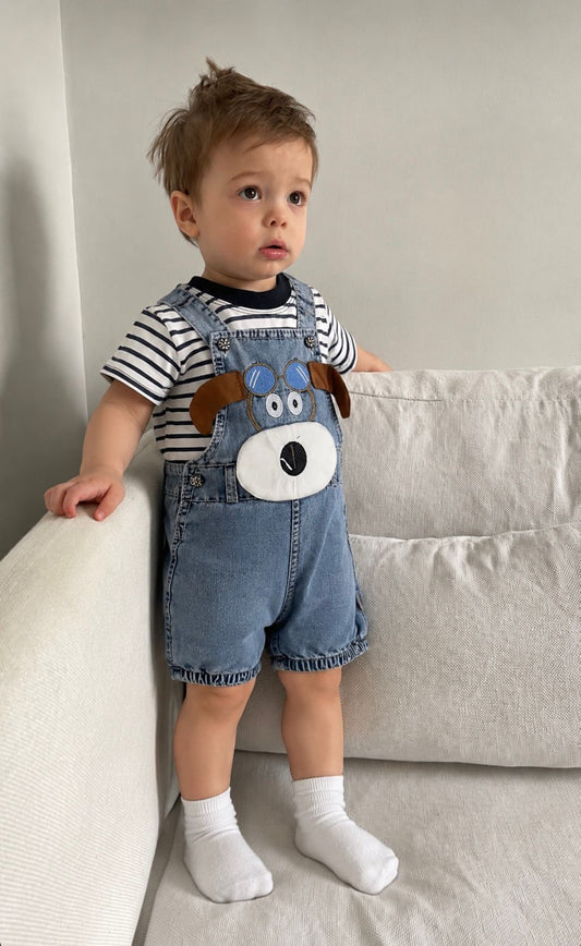 Baby Puppy Denim Dungaree & Striped Tee Set