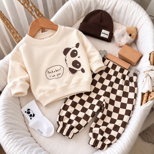 Cream panda sweatshirt and brown checkered baby joggers with brown beanie