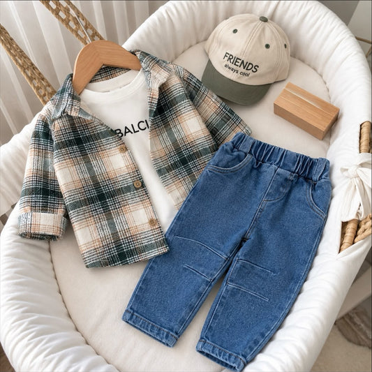 Green plaid baby overshirt with white T-shirt, blue denim trousers and matching cap