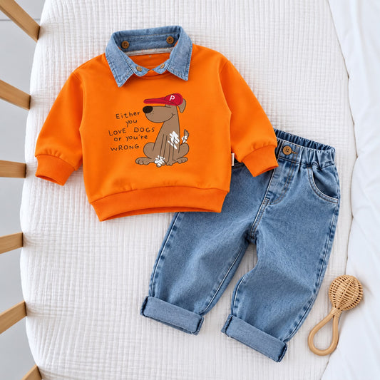 Orange dog-print baby sweatshirt with blue collar and light-blue jeans