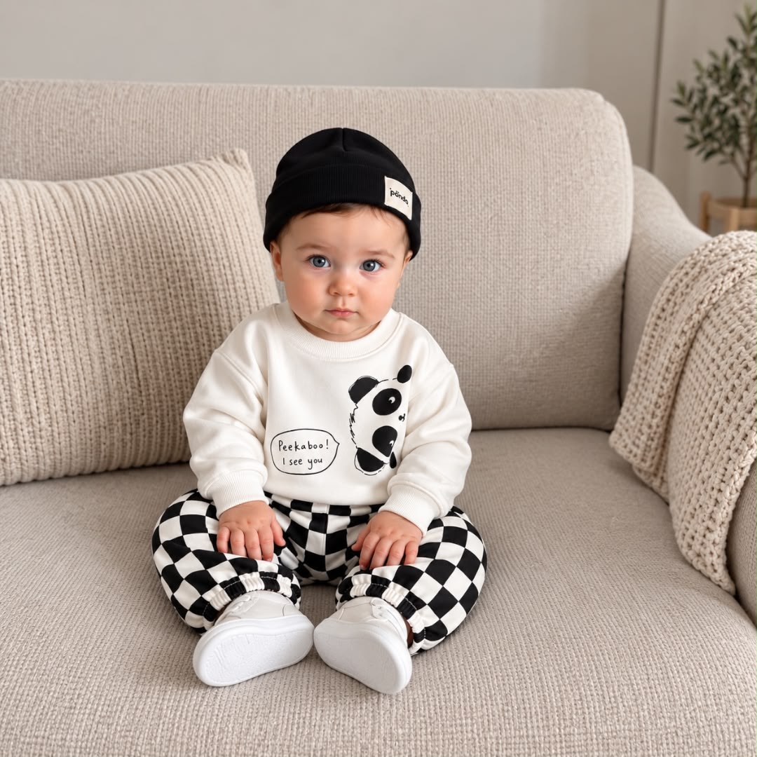 Baby wearing panda sweatshirt and black checkered joggers