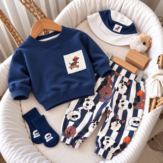 Navy dog print baby sweatshirt and jogger set with hat and socks