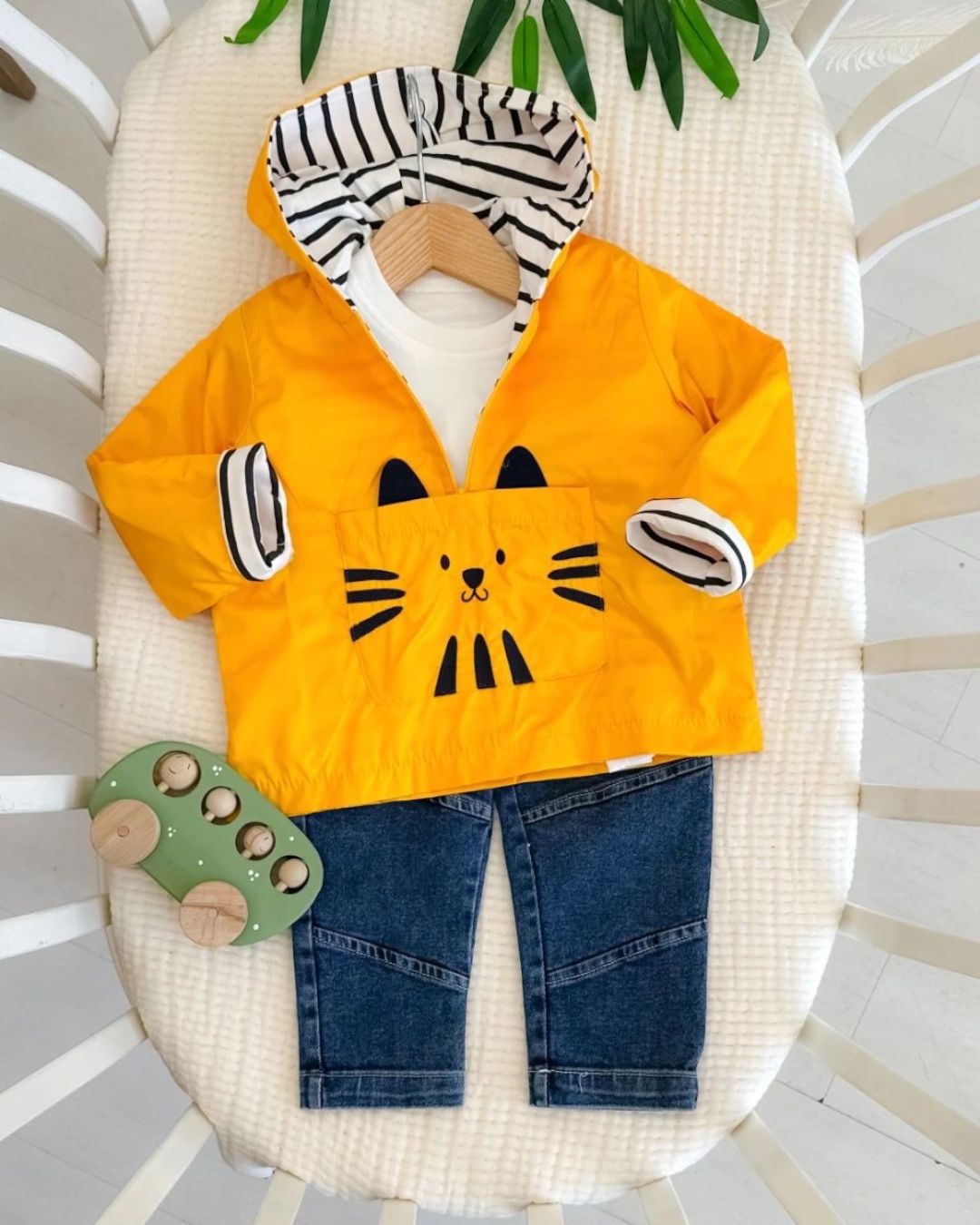 Cat Face Hooded Baby Two-Piece Set | Yellow Hoodie and Denim Jeans