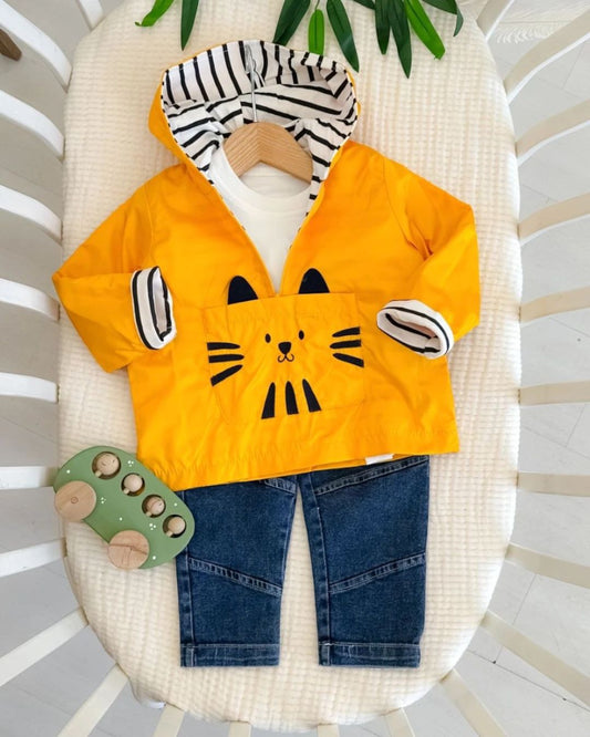 Cat Face Hooded Baby Two-Piece Set | Yellow Hoodie and Denim Jeans
