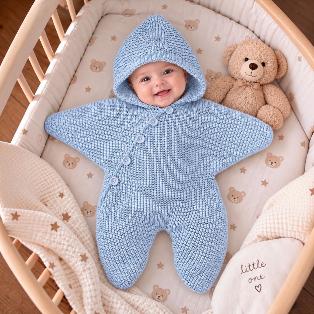 Baby Star Knit Romper - Blue on baby