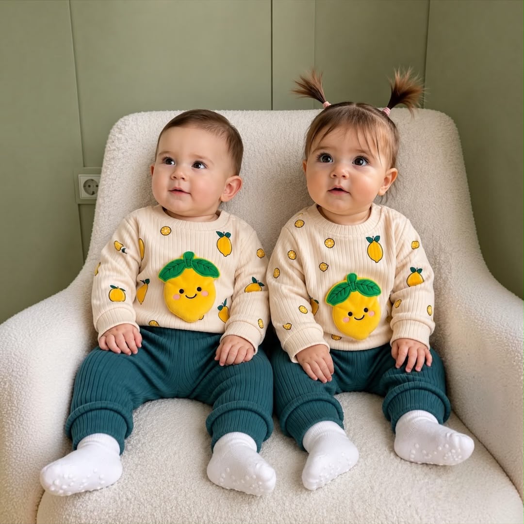 Two babies wearing Lemon Print Sweatshirt Set in teal sitting on armchair