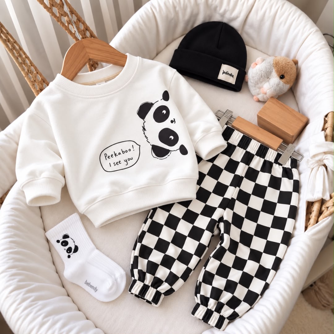 Cream panda sweatshirt and black checkered baby joggers with black beanie